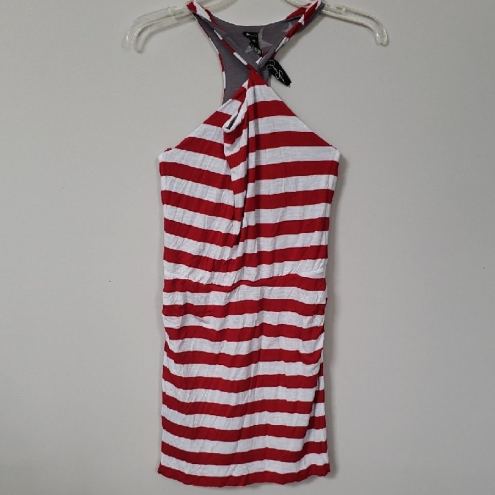 Jessica Simpson Dress Womens M Red White Striped Knit Keyhole Halter Mini Travel